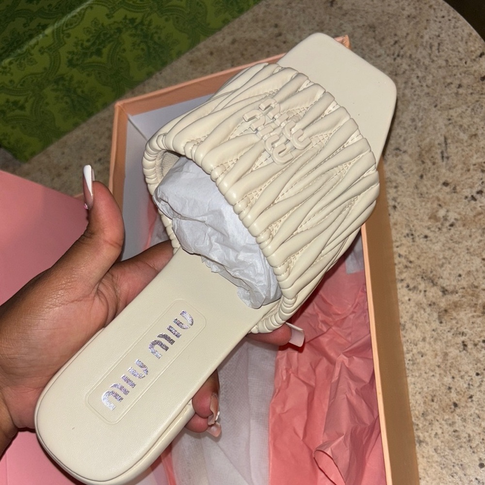 Miu Miu Ivory Woven Slide Sandals